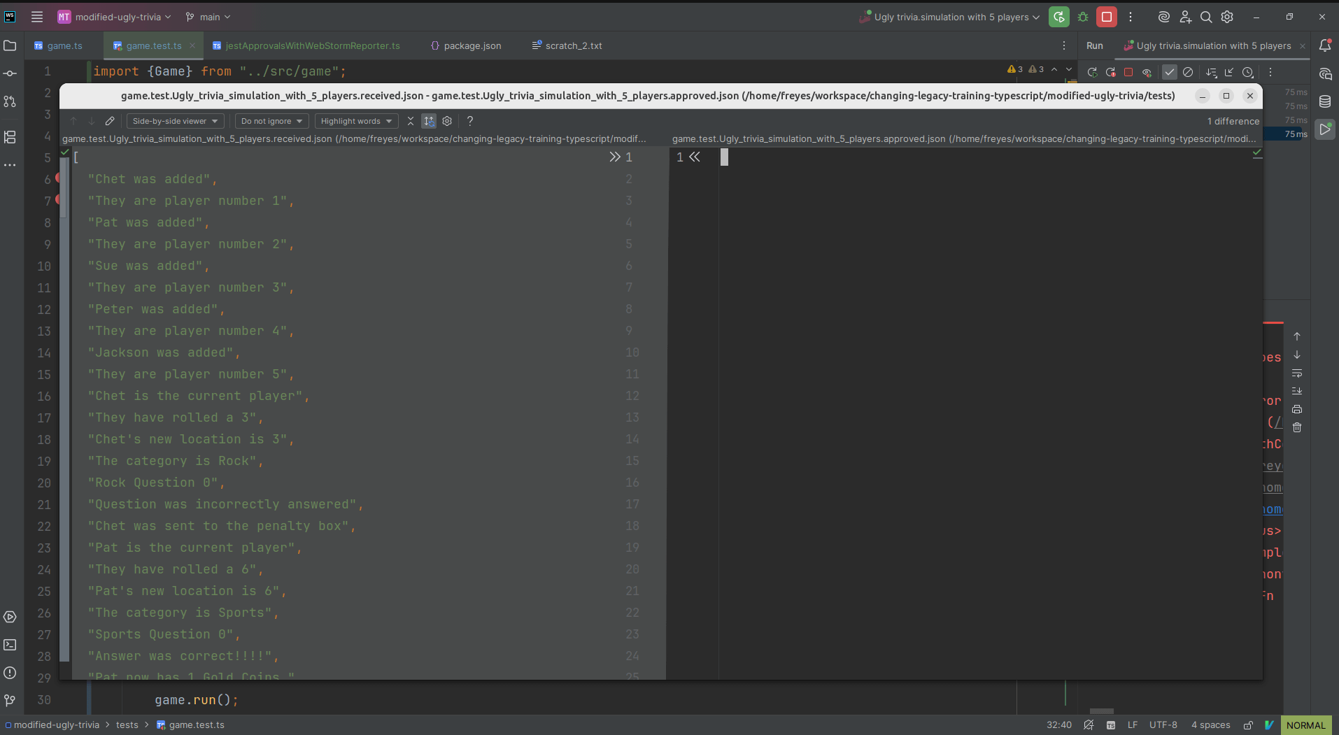 Ventana de diff de WebStorm abierta por WebStormReporter.