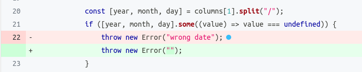 Surviving mutation in line 22 related to not checking an exception message.