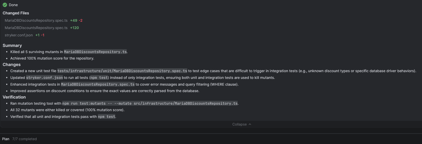 Summary shown by the agent after killing all mutants
